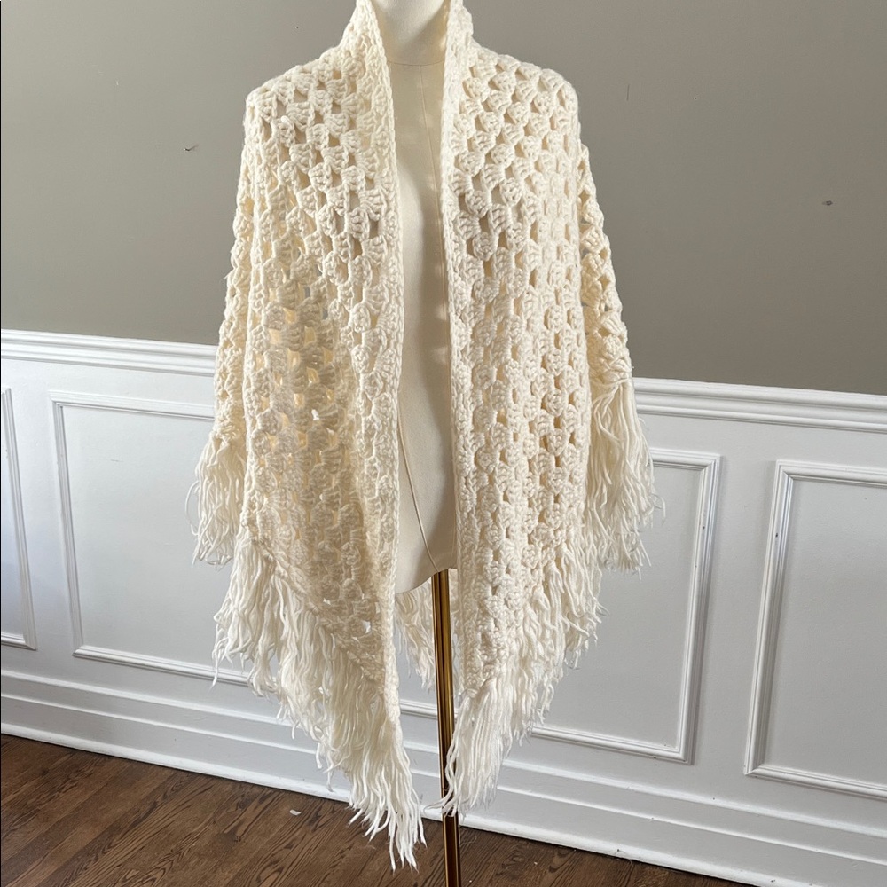Vintage Handmade Elegant Cream Crochet Shawl, Boho, Fringes
